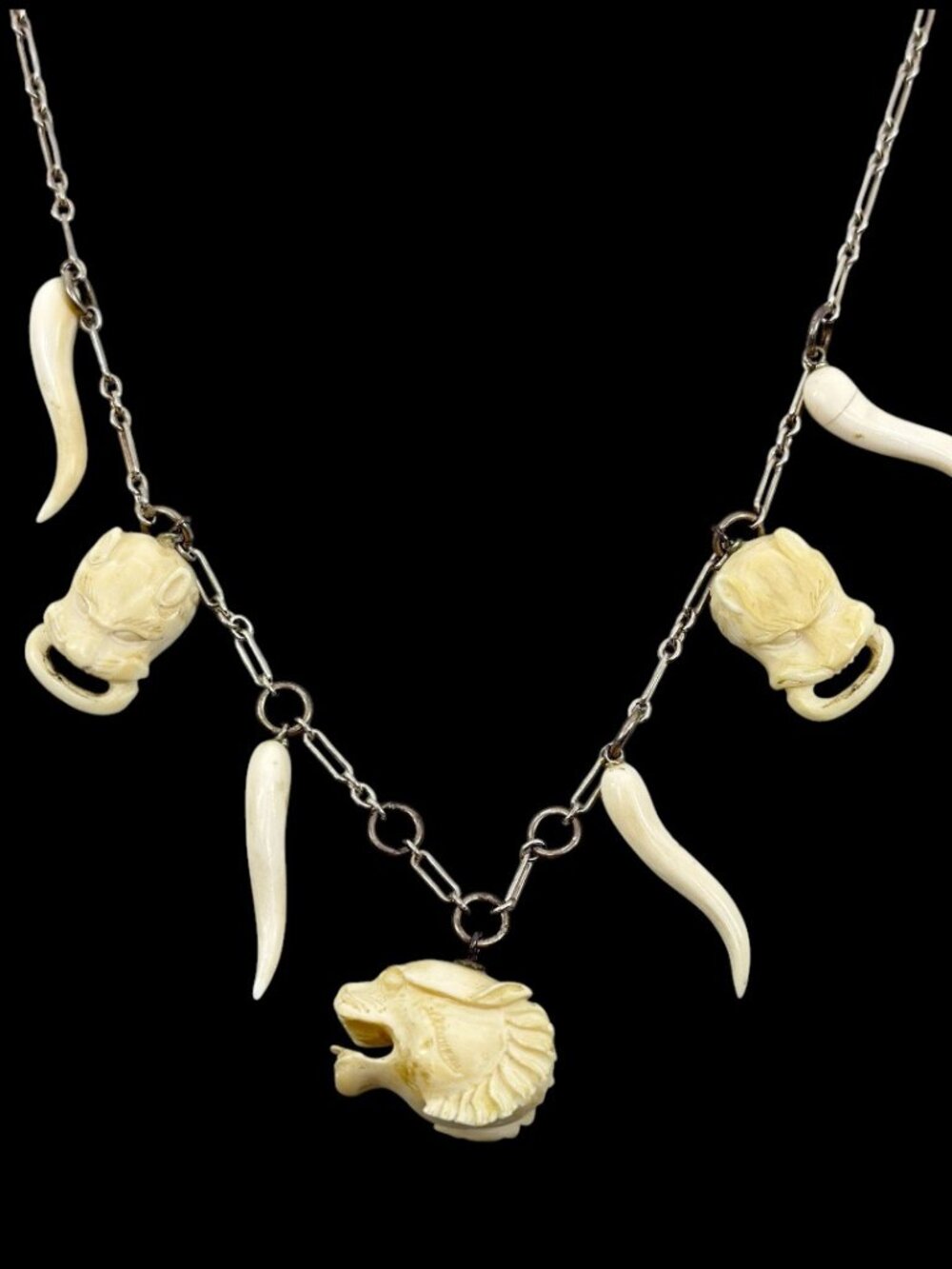 Vintage sterling silver hand carved ivory charm pendant necklace - GM1215